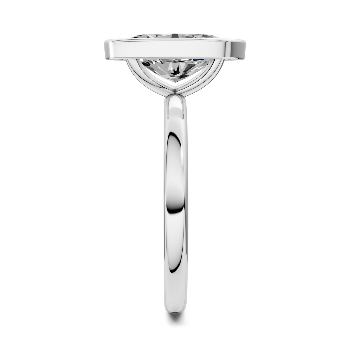 Emerald-cut bezel set engagement ring with silver-toned band, side view