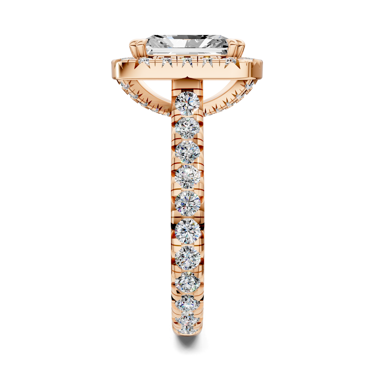 Opes Halo cathedral ring in rose gold with rectangular center stone and pavé shank