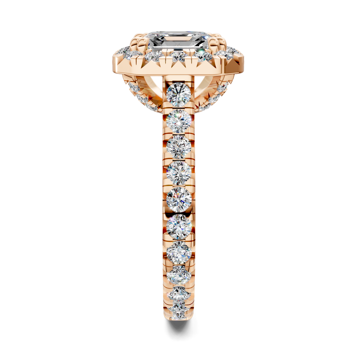 14K rose gold halo cathedral ring with emerald-cut center and vertical row of round diamonds