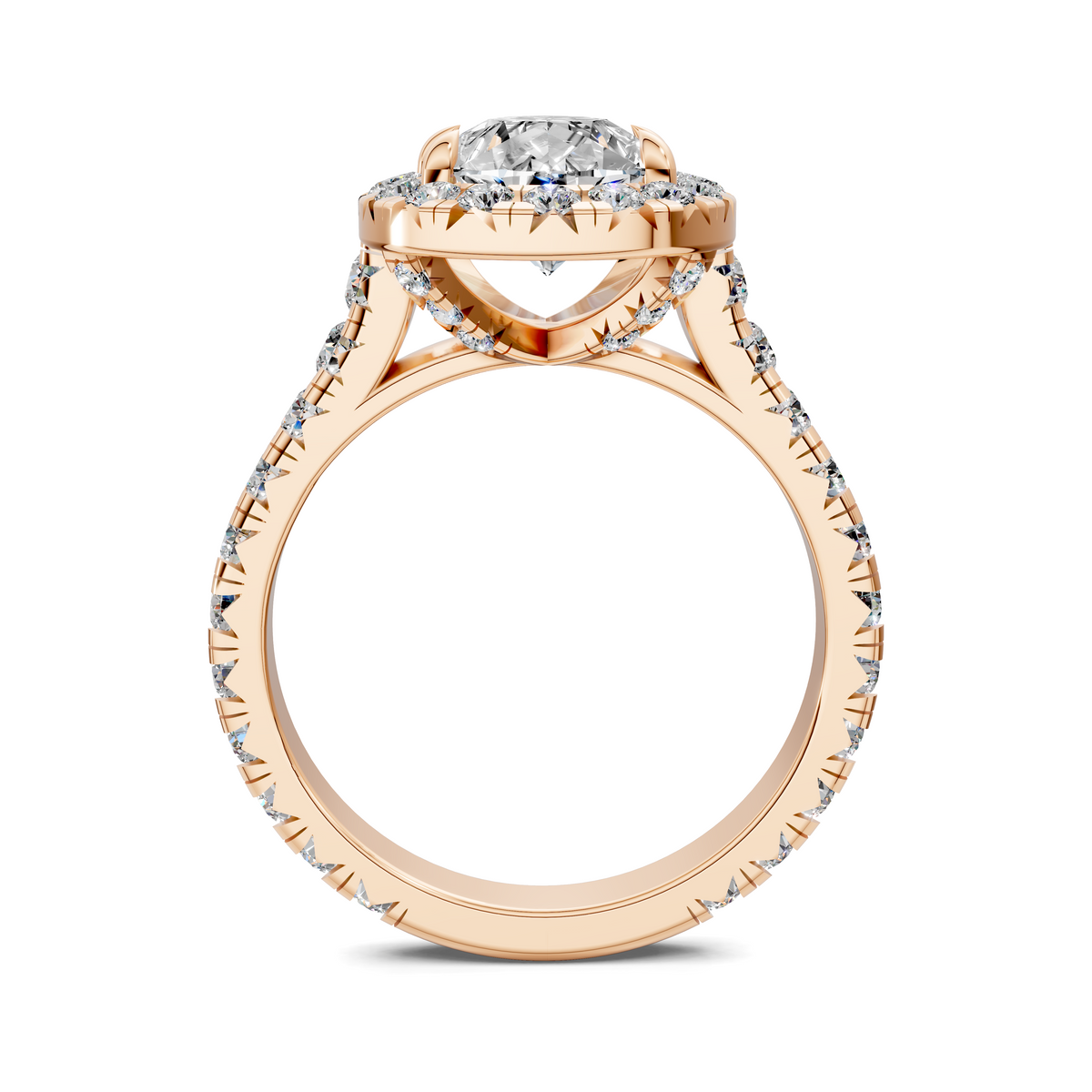 Yellow gold cathedral engagement ring with halo-set round center stone