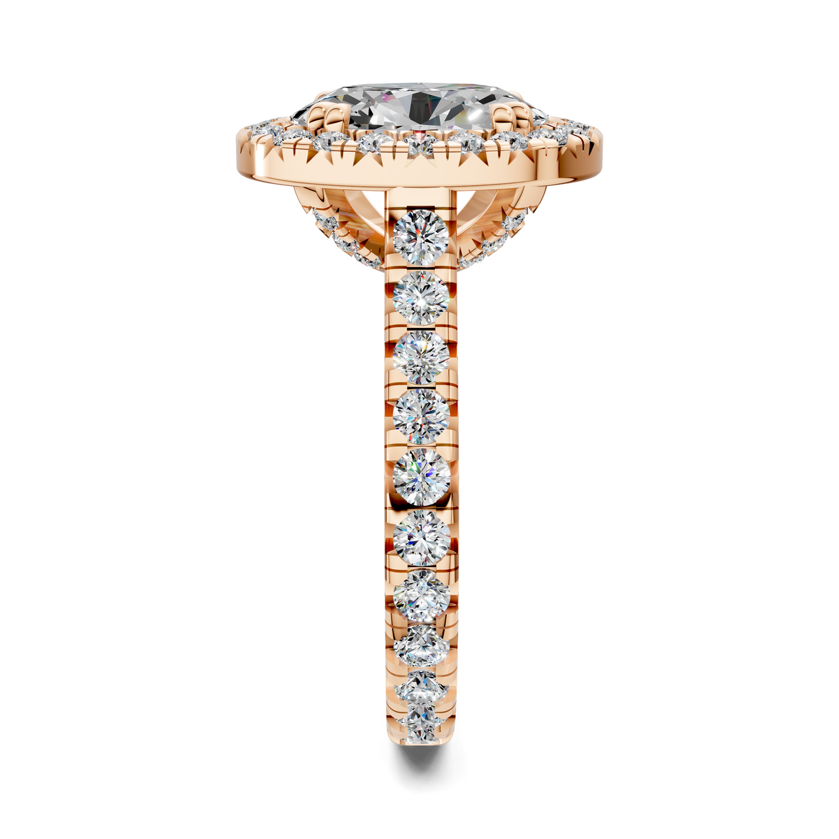 Rose gold cathedral halo ring top and shank view with prong-set round diamond row
