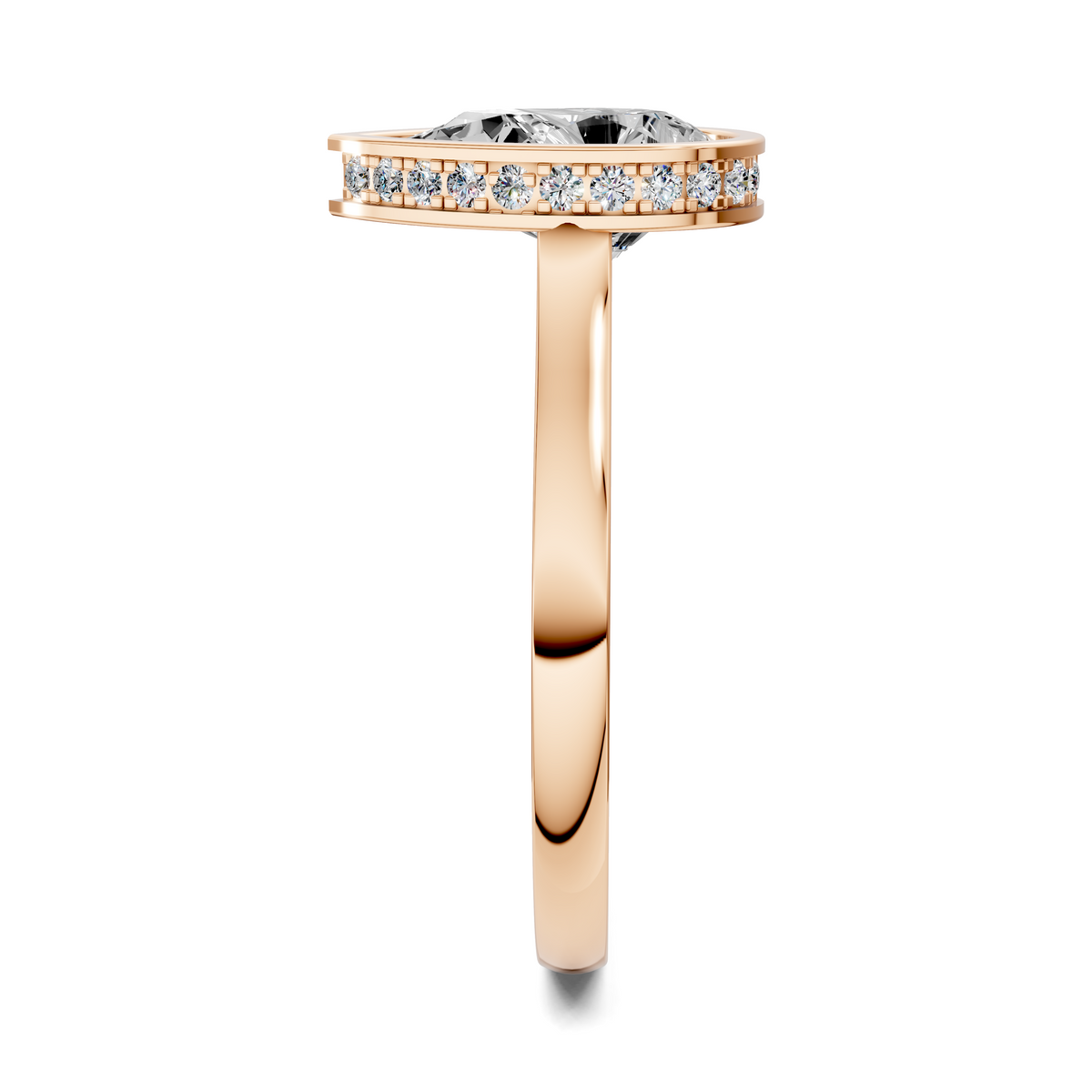 Gold halo ring with a bezel-set row of round gemstones on the top bezel