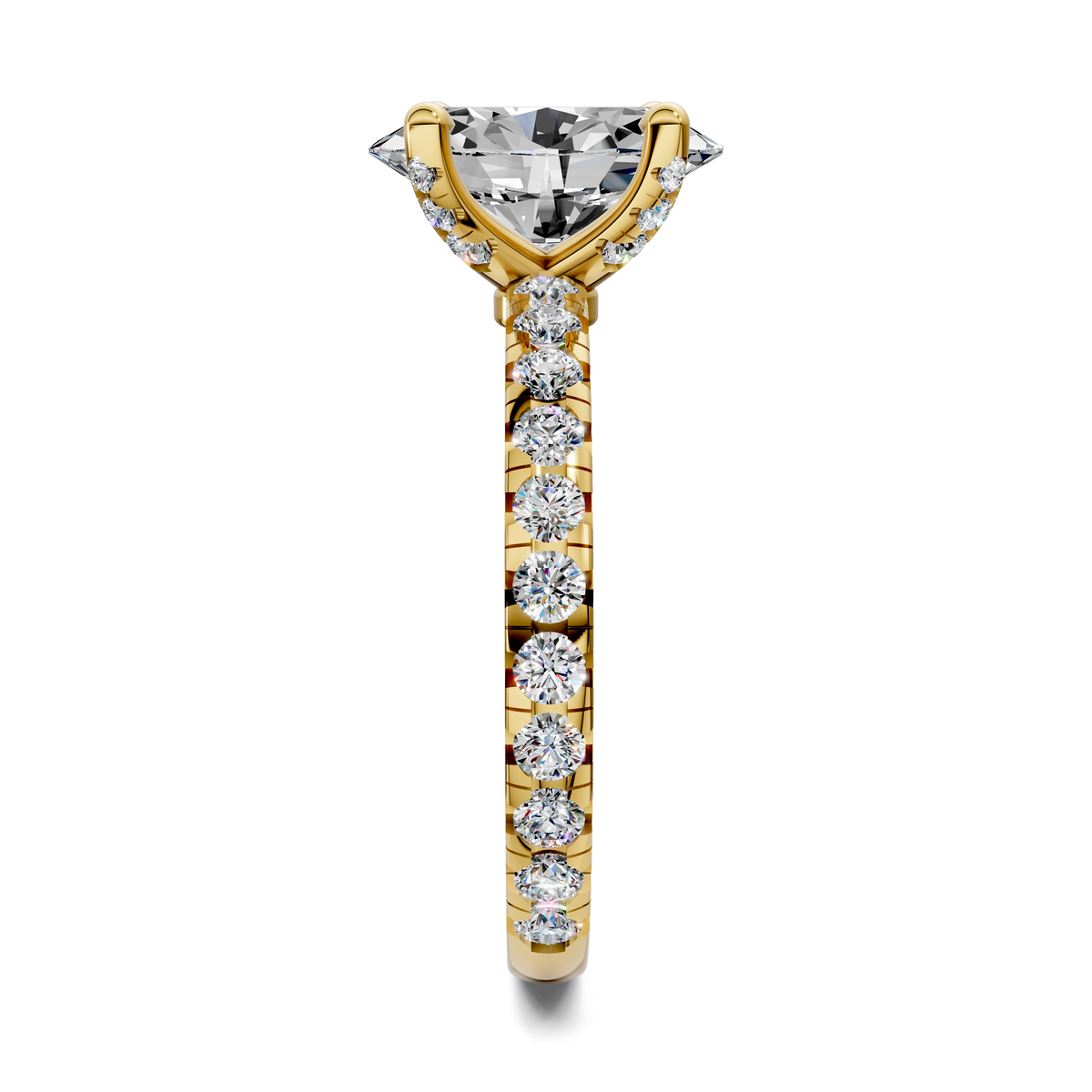 Gold claw accent ring with marquise center stone and stacked round diamond accents