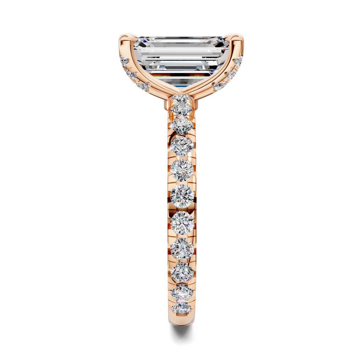Rose gold claw-set ring with rectangular top stone and vertical row of round gems