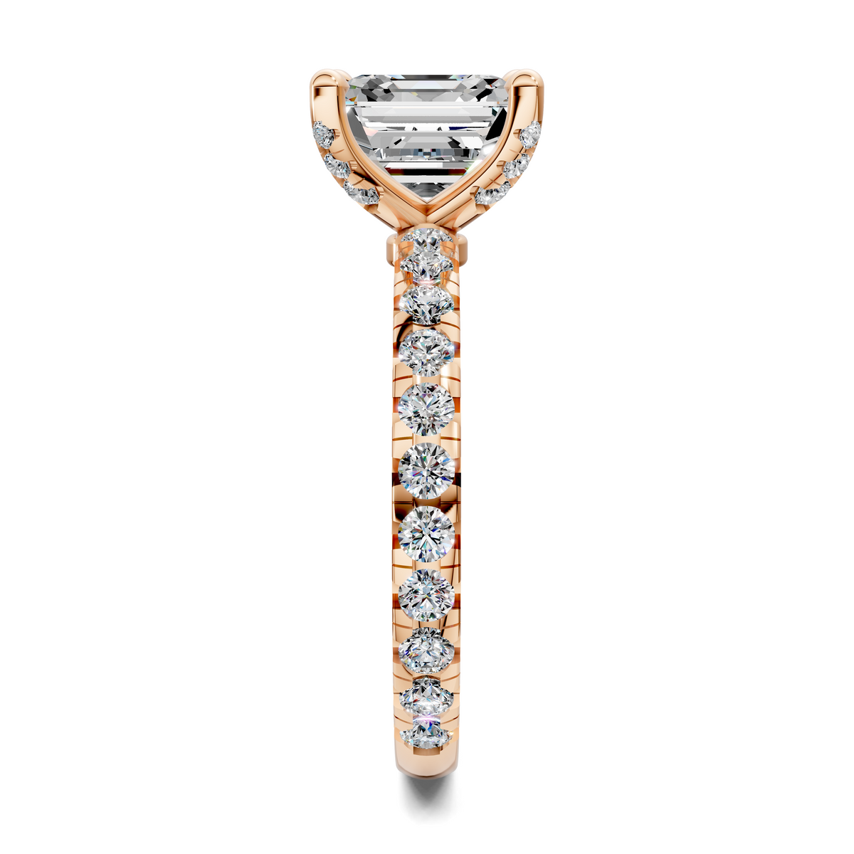 Rose gold claw accent ring with a clear center stone and pavé-set band