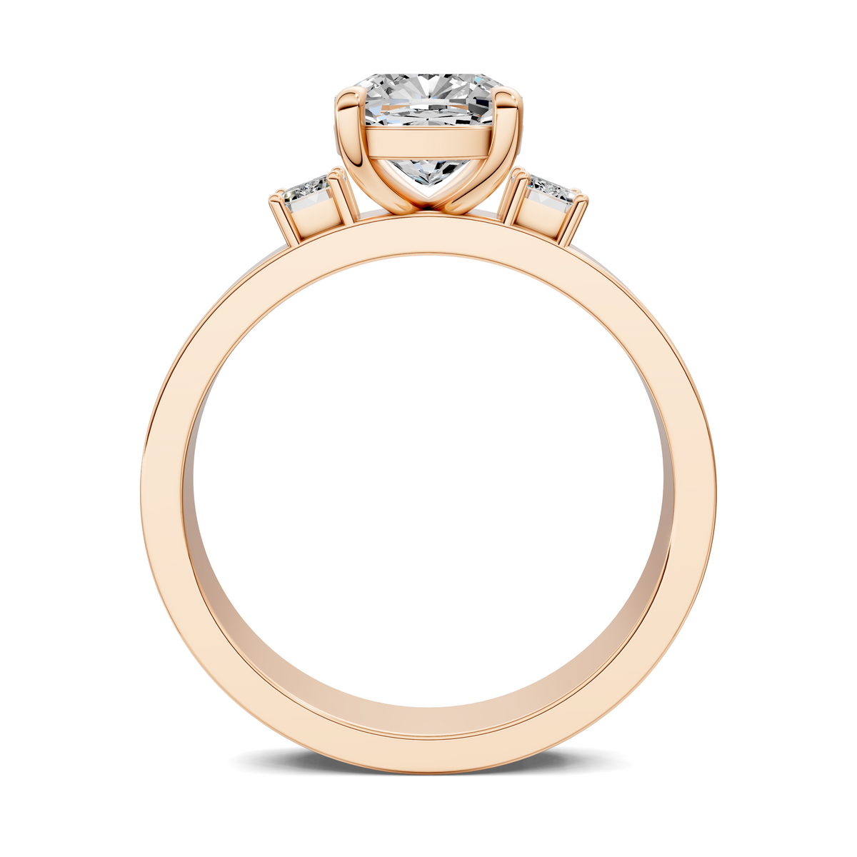 Rose gold three-stone diamond ring with a center stone and two side stones