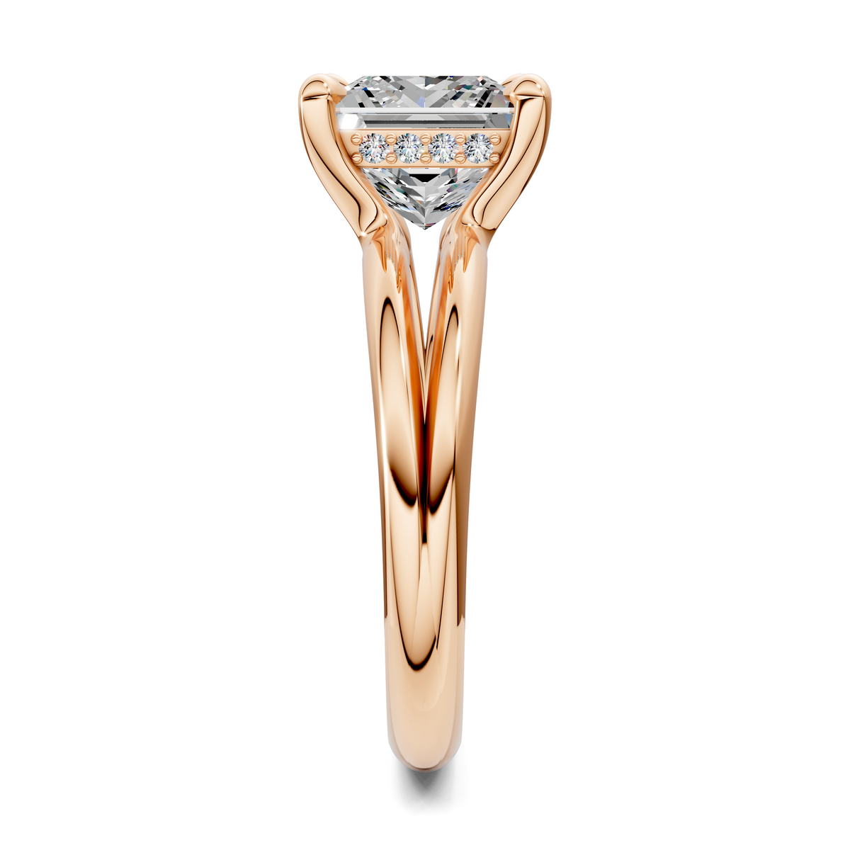 Rose gold split band ring with faceted rectangular center stone, side view