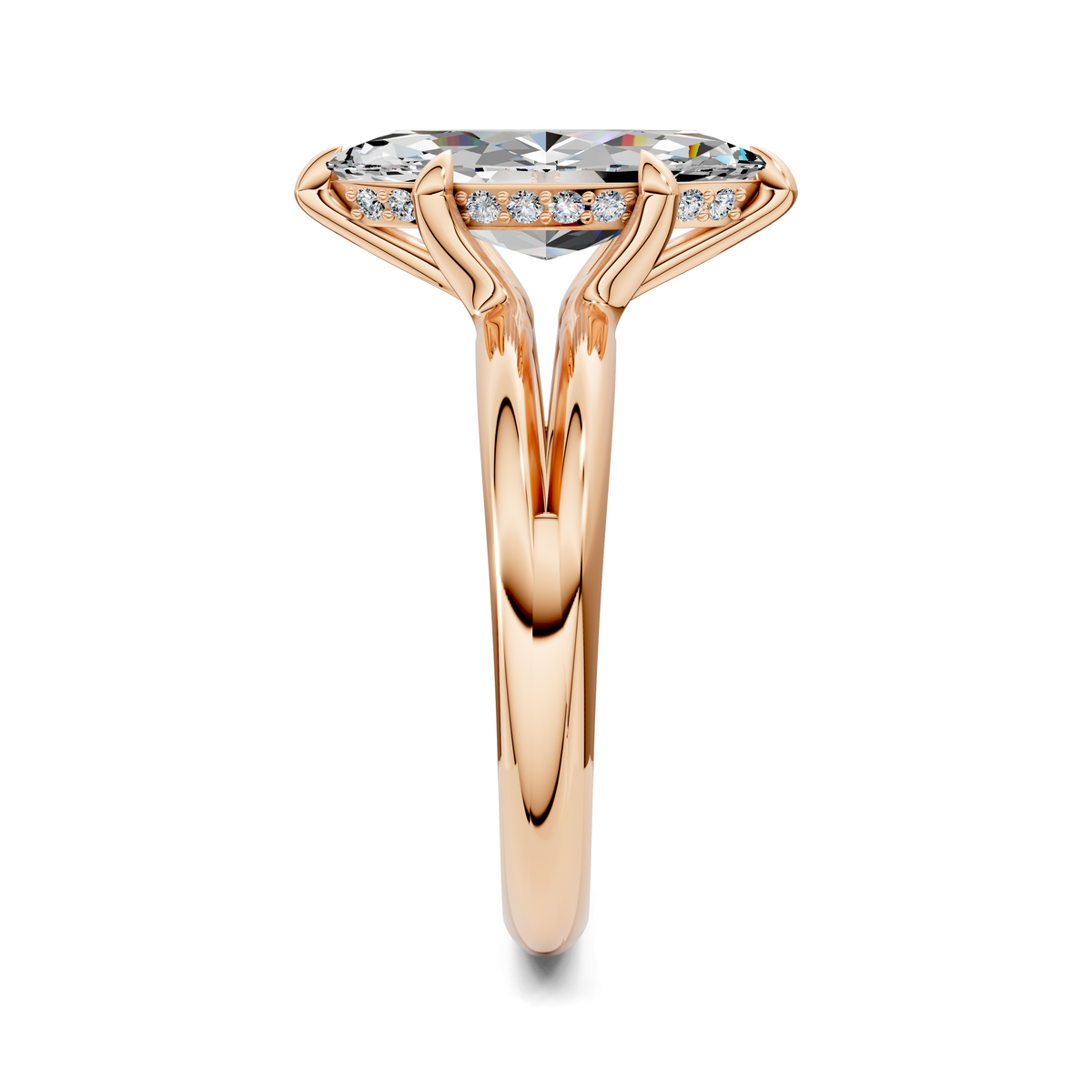 Rose gold split band ring with pointed top and row of round clear gemstones