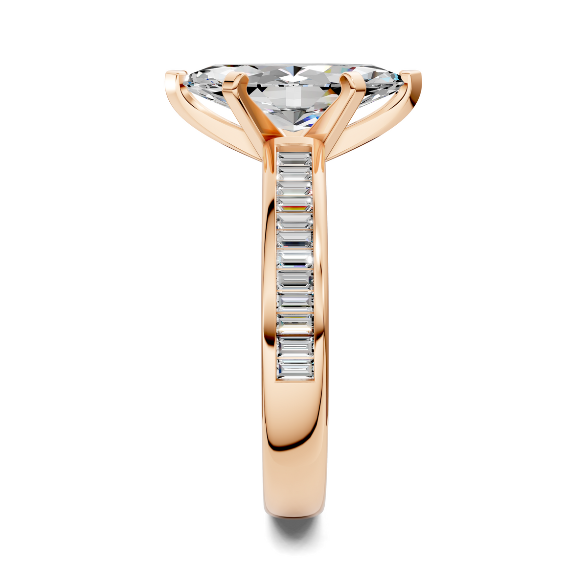 Rose gold baguette channel ring with baguette side stones and faceted center stone