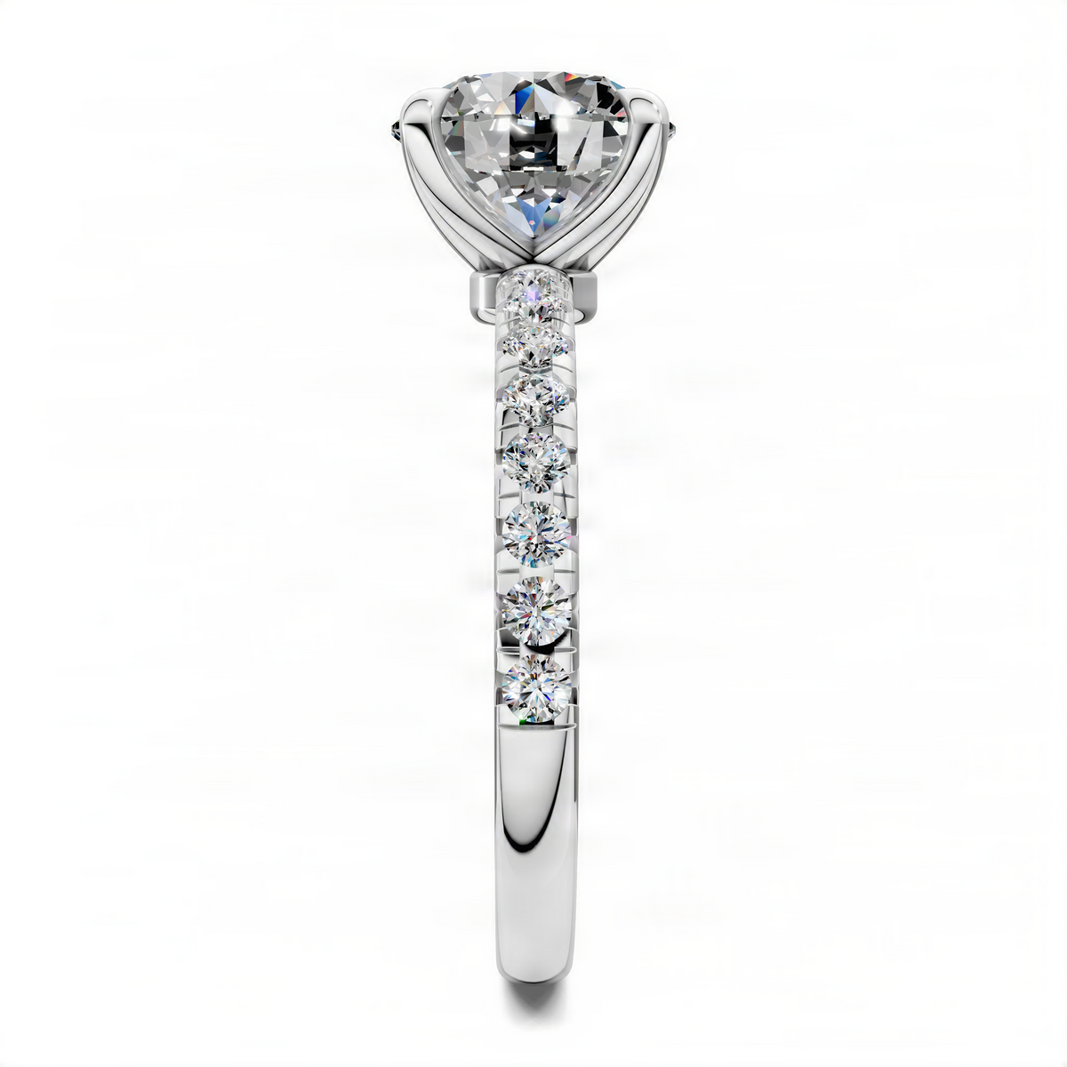 Round scalloped pavé ring with a large round center stone in white metal