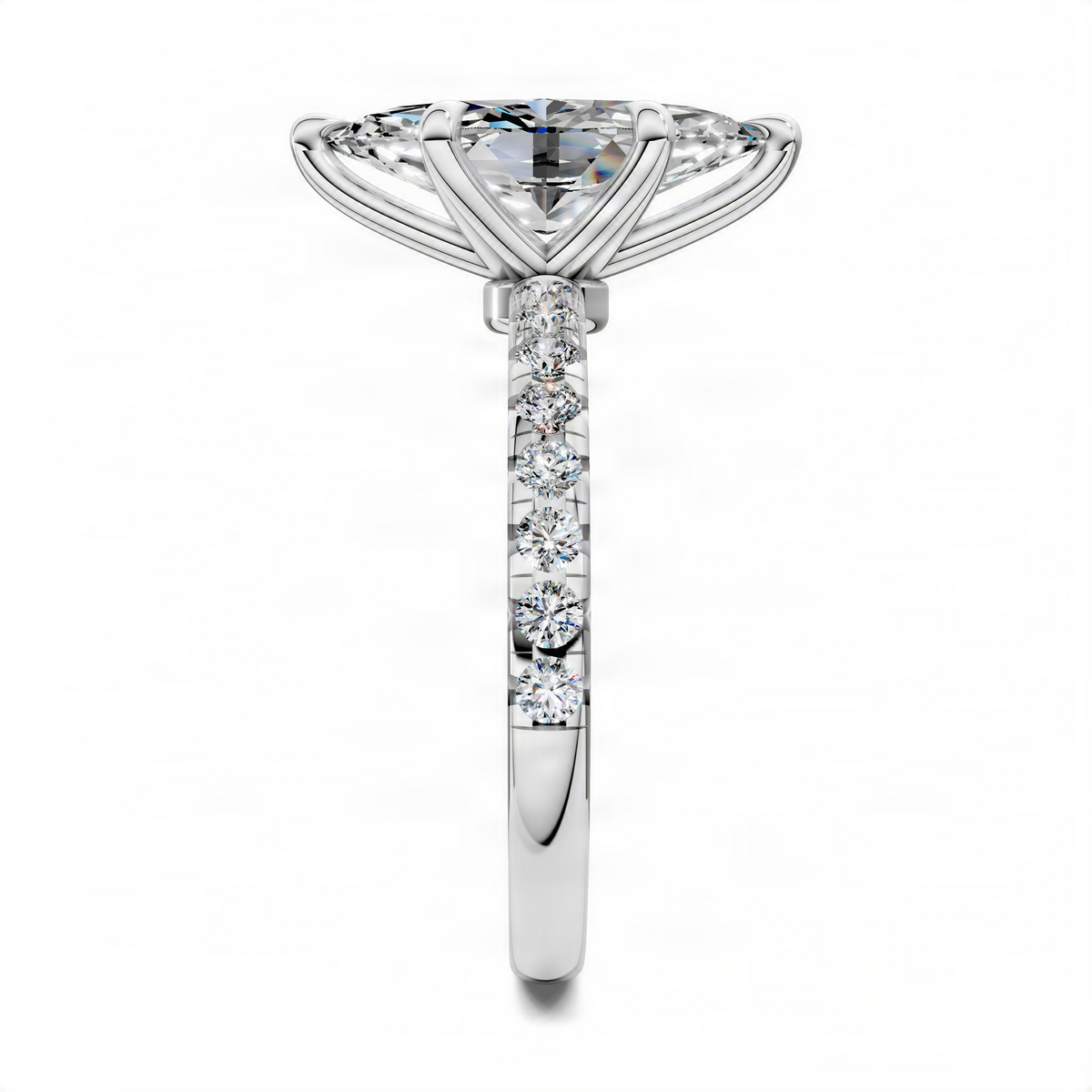 Marquise-cut pavé ring in white metal with scalloped setting