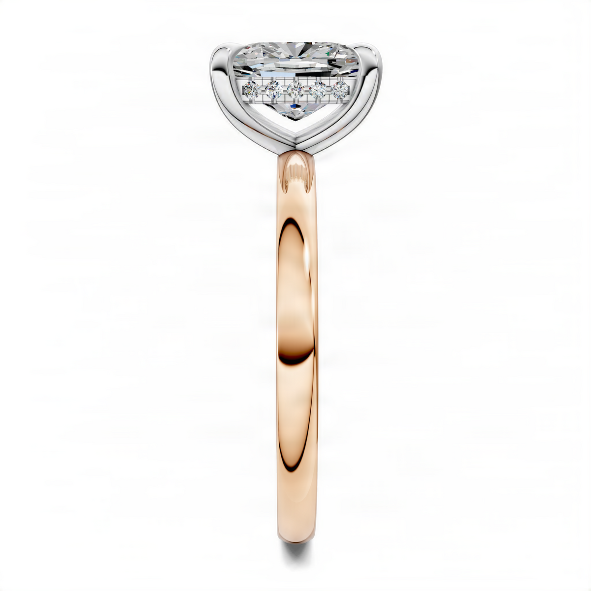 Oval mixed-metal ring with clear oval center stone and rose-gold band profile