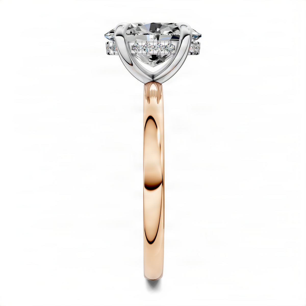 Mixed metal ring side view: rose-gold band with white-gold prong-set crystal cluster