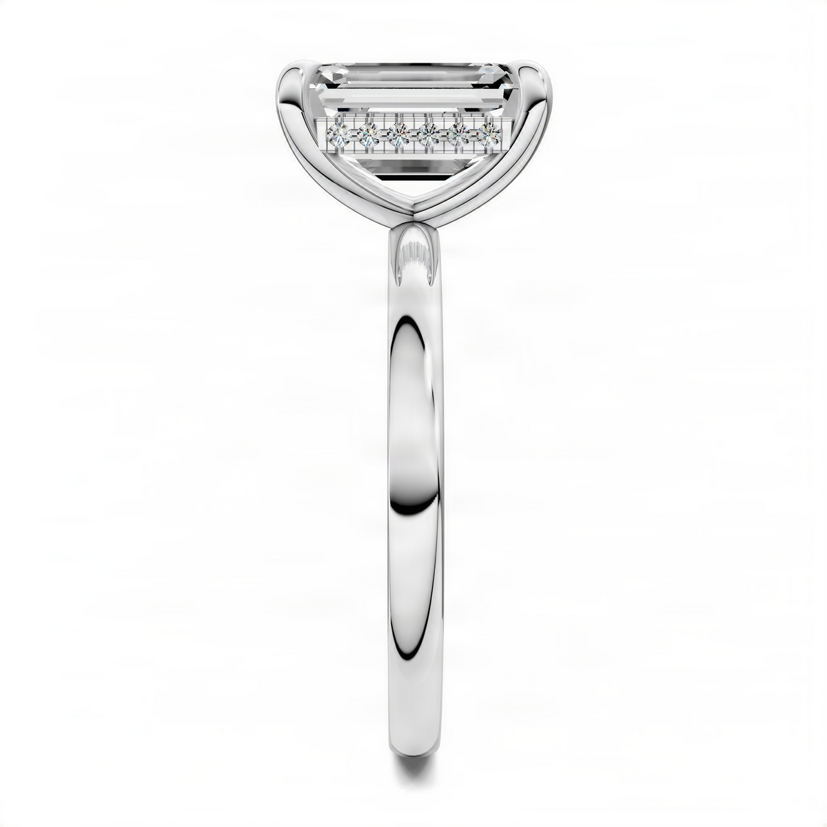Ring with emerald-cut center stone and polished silver-tone band