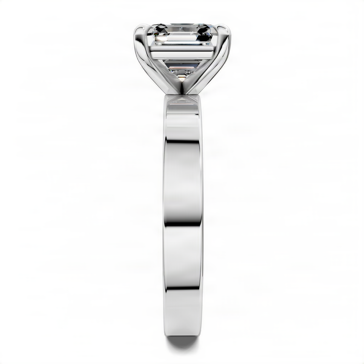 White gold Asscher-cut diamond solitaire ring, vertical view of four-prong setting
