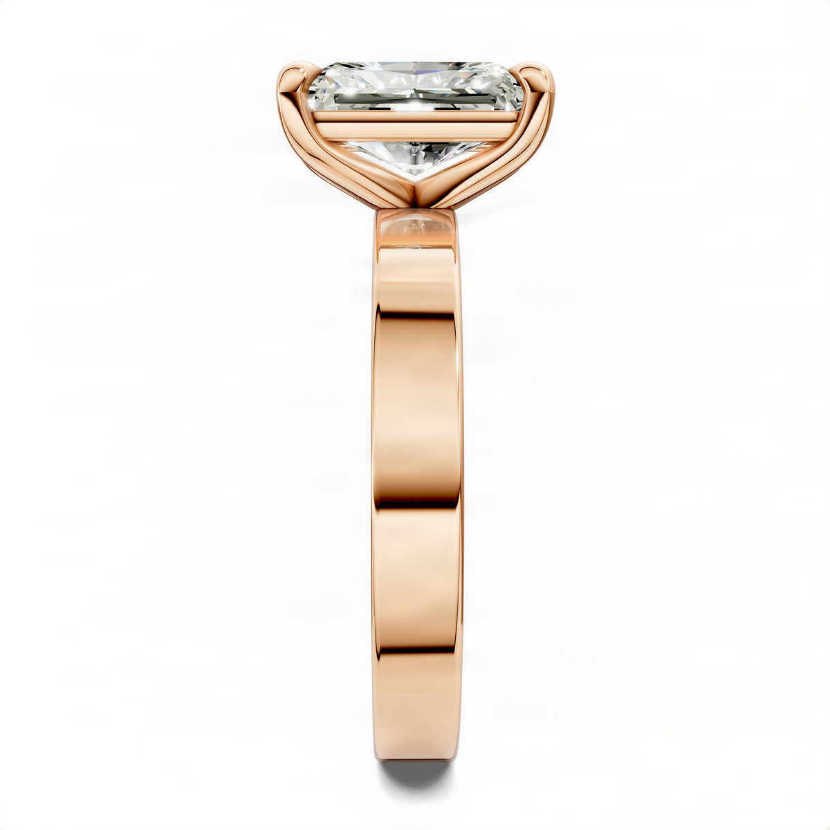 Rose gold solitaire diamond ring with square-cut center stone and flat polished band