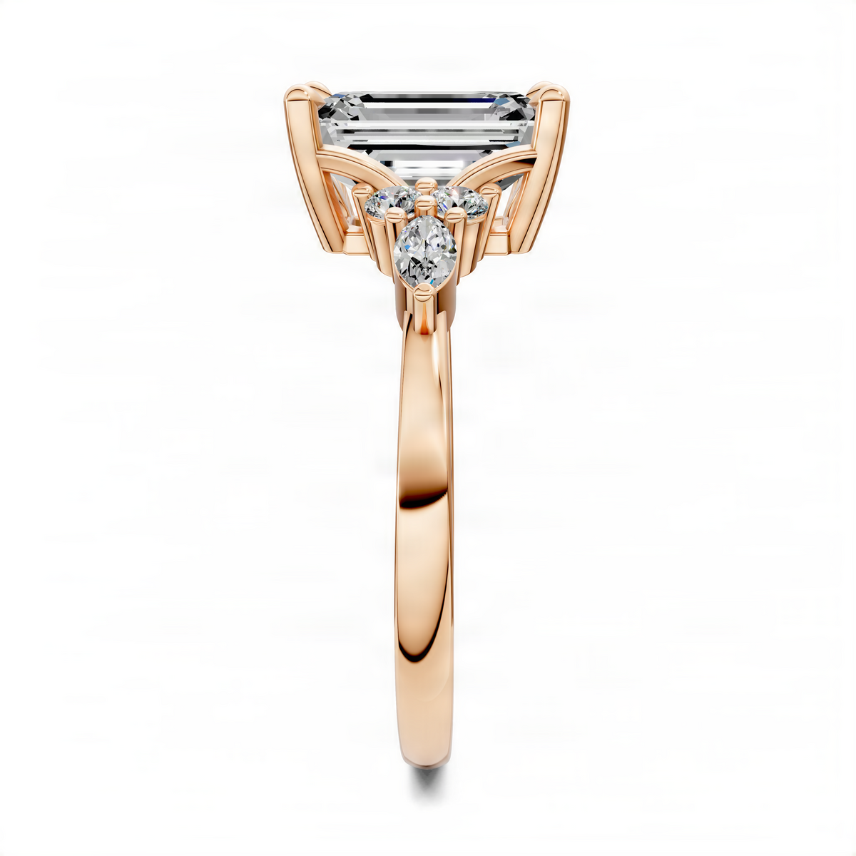 Rose gold engagement ring with emerald-cut center stone and marquise diamond accents