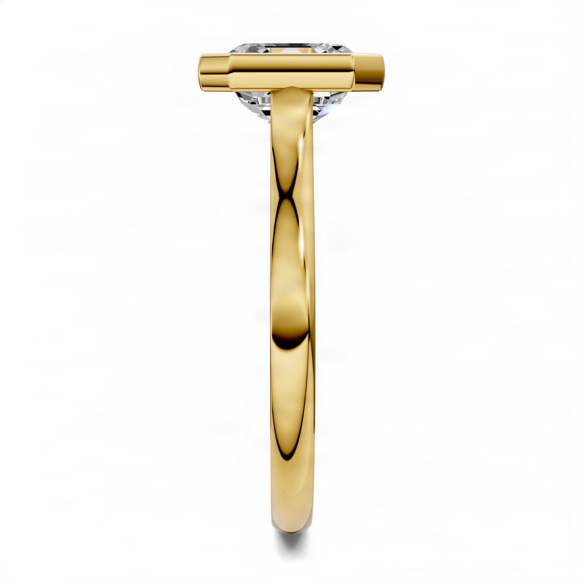 Yellow gold bezel solitaire ring with cathedral-style shoulders and square center stone