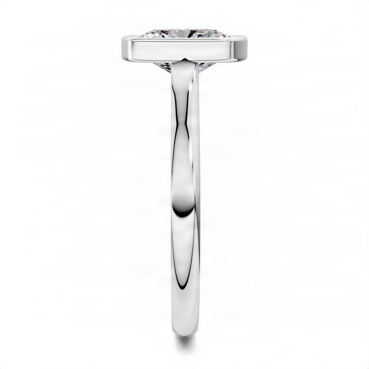 Platinum cushion bezel cathedral solitaire ring with bezel-set cushion-cut diamond, side