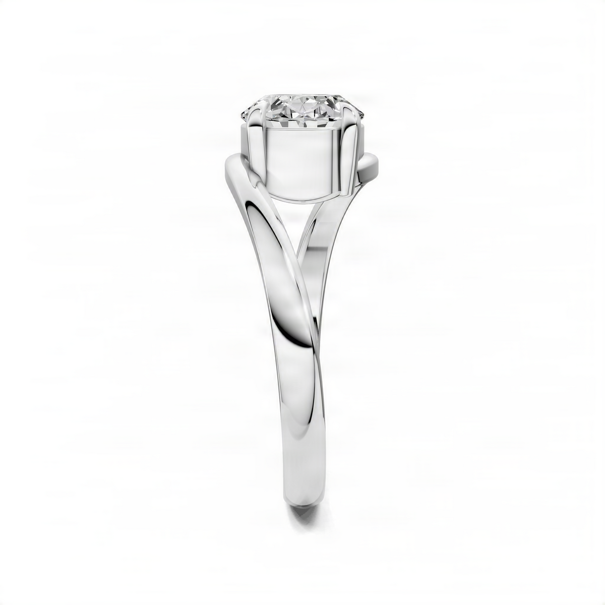 White metal oval solitaire engagement ring with prong-set oval diamond and tapered shank