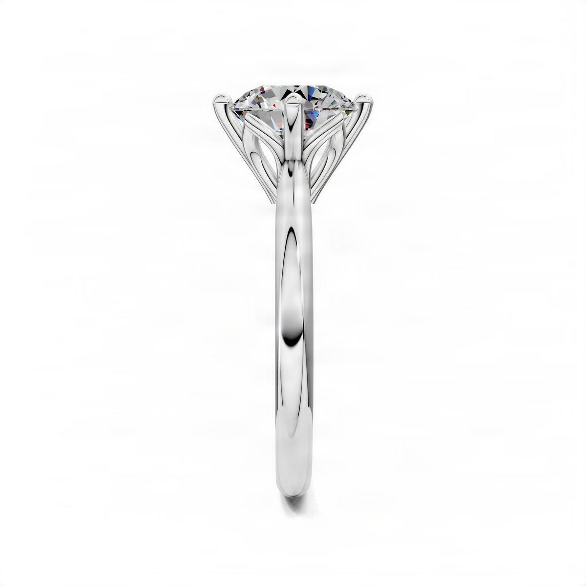 Platinum round solitaire engagement ring with petal crown setting and round center stone