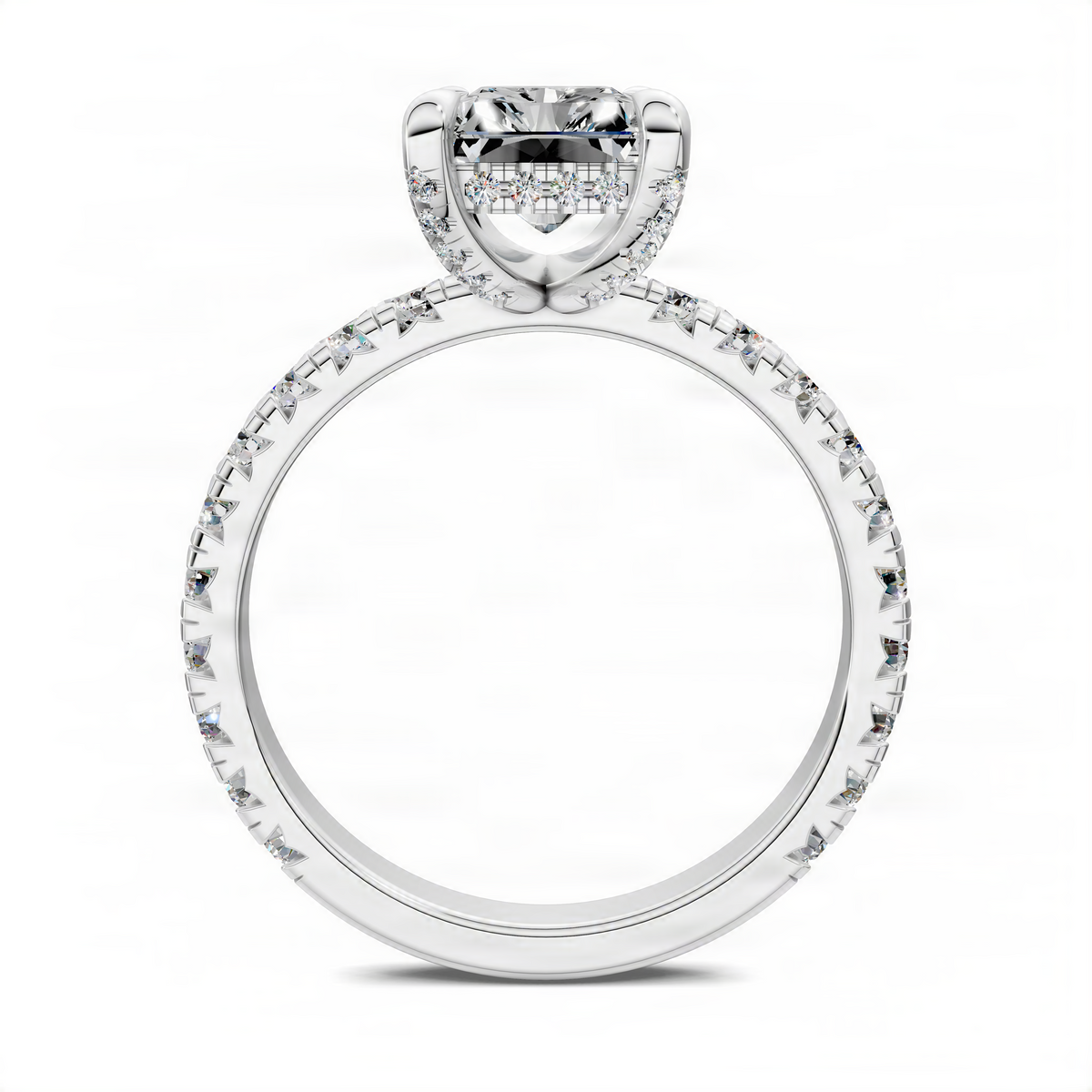 Platinum accent ring with round center stone, halo setting, and pavé band