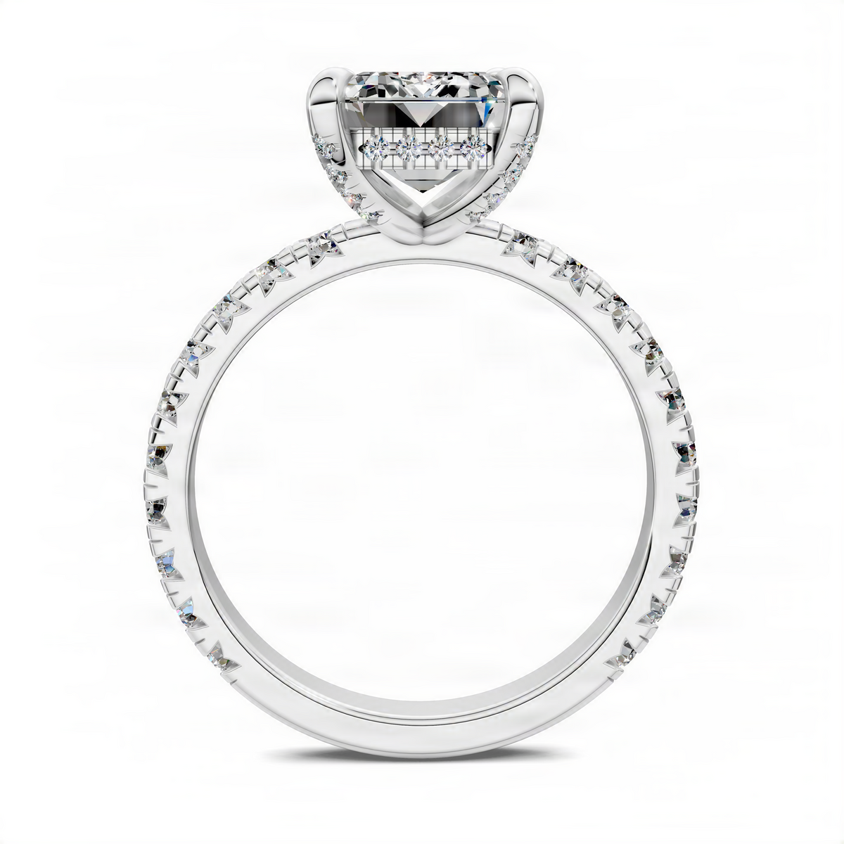 Emerald gallery accent ring in white metal, emerald-cut center with round stone halo