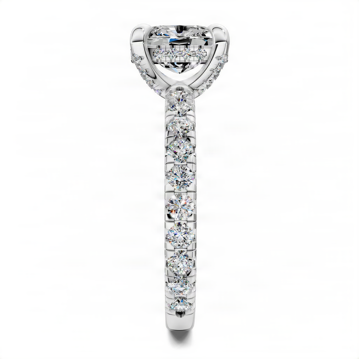 Opes Cushion Gallery ring in white metal with cushion-cut center and round side stones