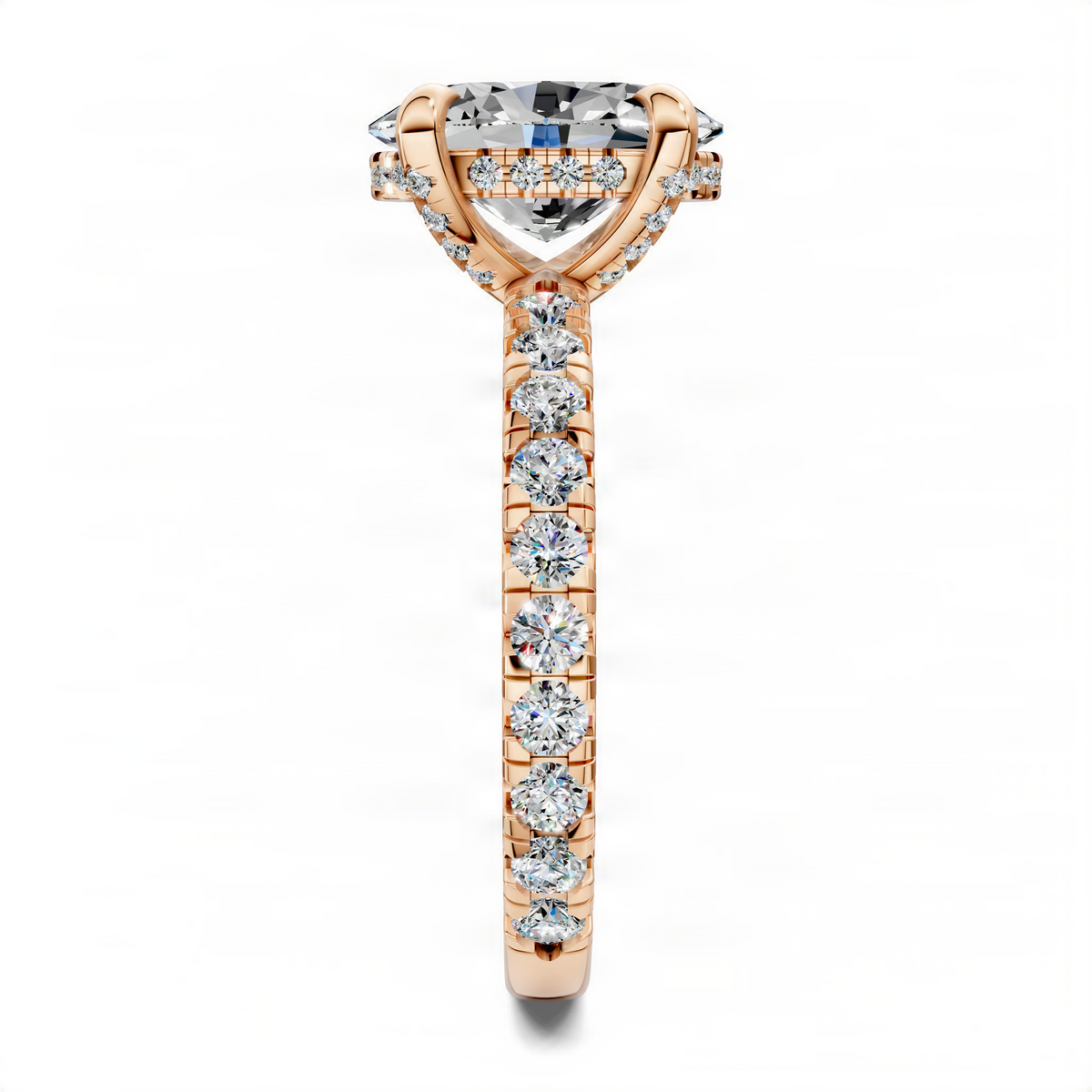 Rose gold oval gallery accent ring with oval center stone and round diamond pave shank