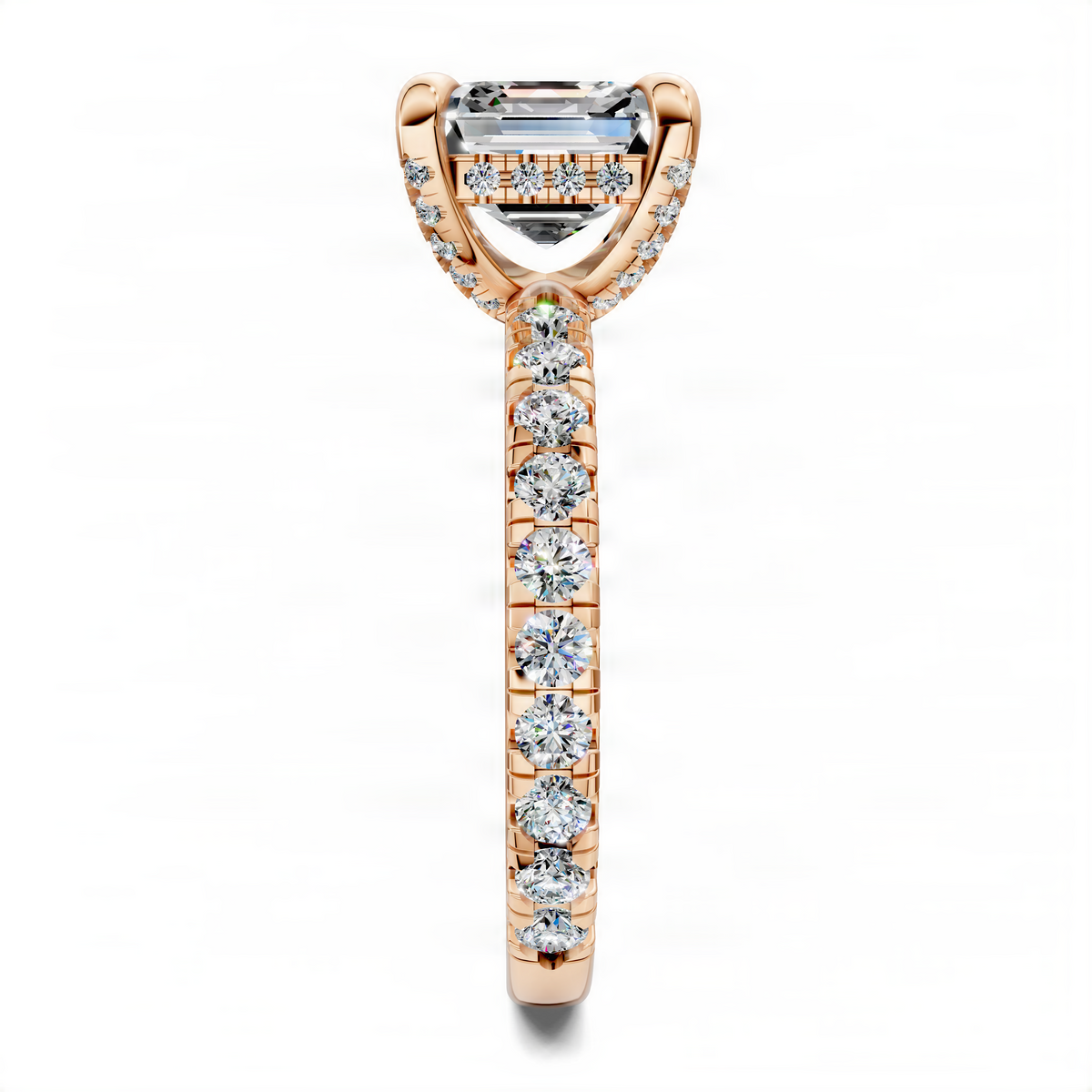 Rose gold accent ring with asscher-cut center stone and sparkling side diamonds