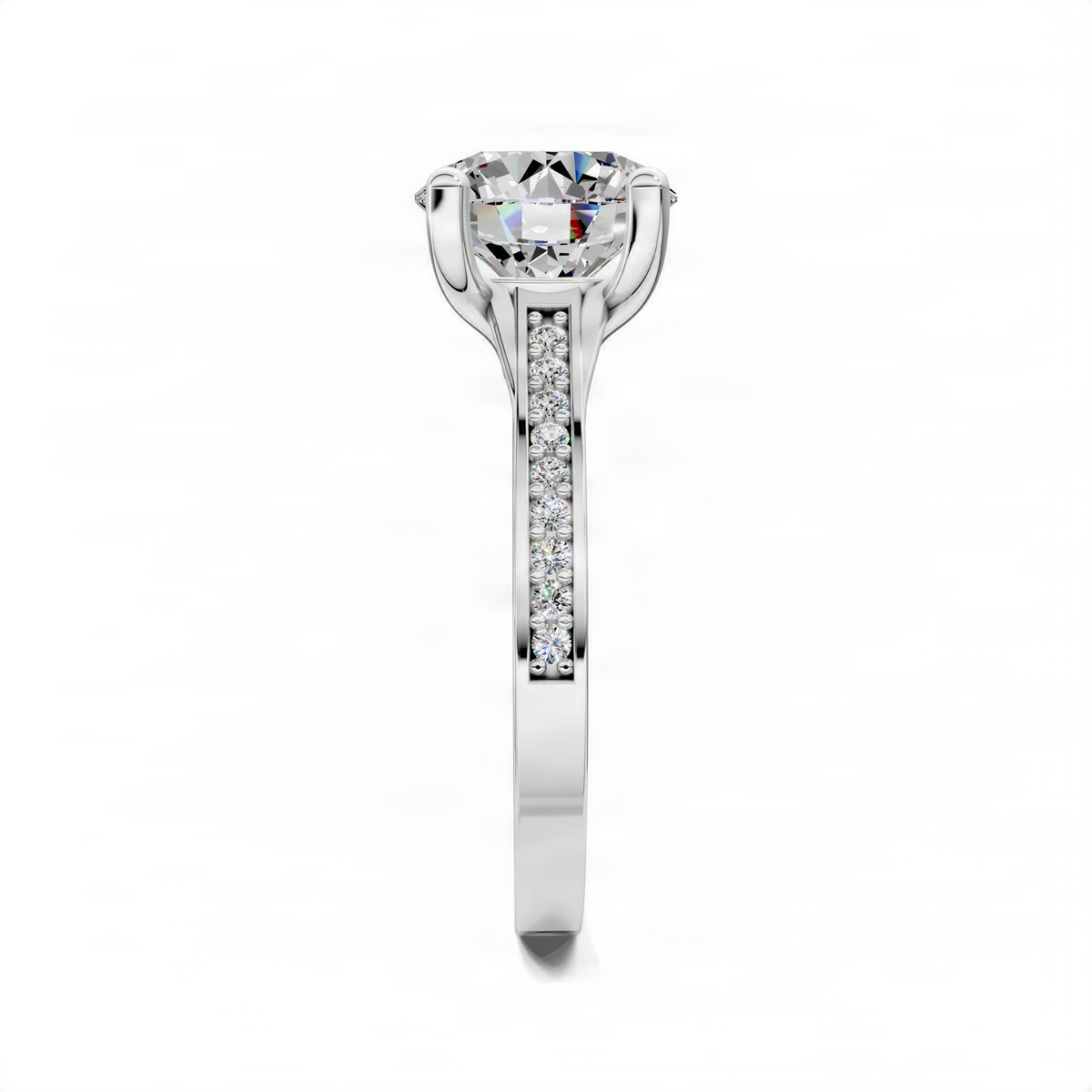 Round pavé engagement ring in white metal, side view