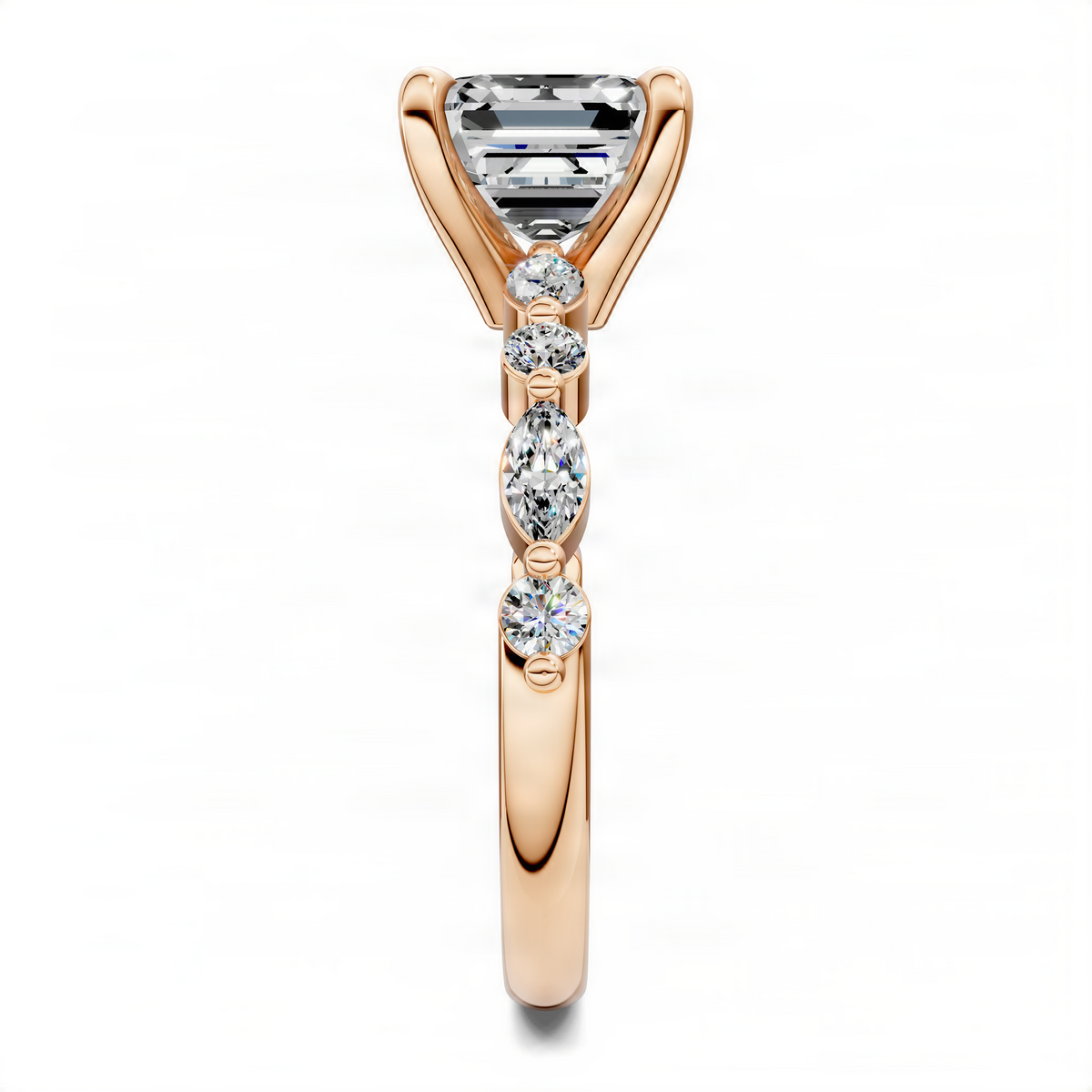 Rose gold vertical design ring with Asscher-cut center and marquise accents