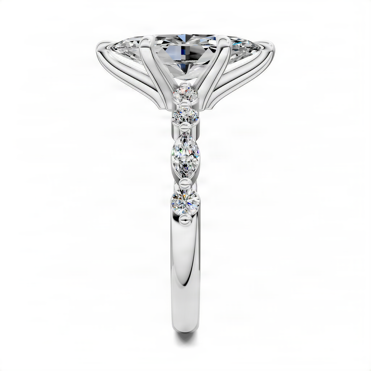 White metal marquise engagement ring with vertical row of round diamond accents