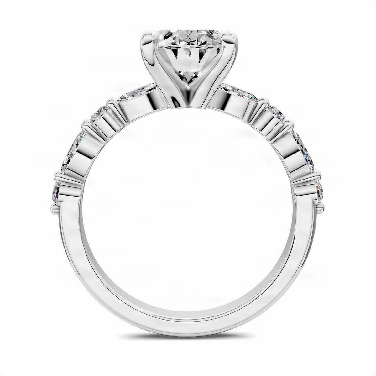 Platinum oval diamond ring with large center stone and baguette-style accents on the band