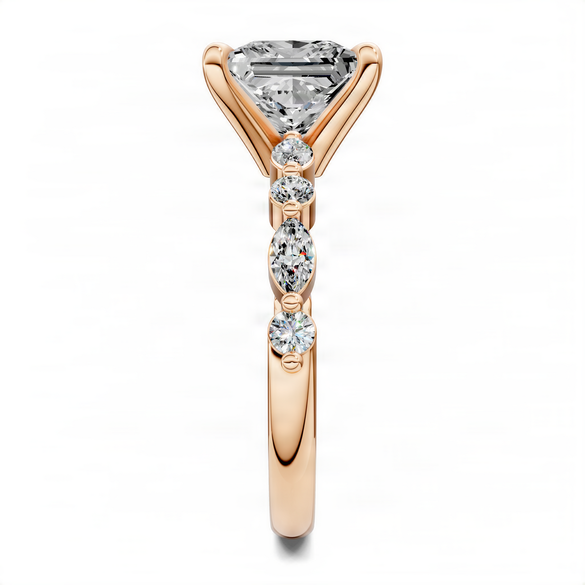 Rose gold princess-cut accent ring with oval and round diamond-style stones