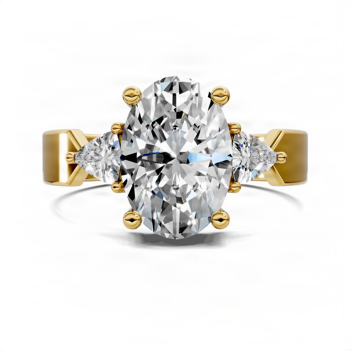 Oval-cut diamond engagement ring with yellow gold setting and side diamonds