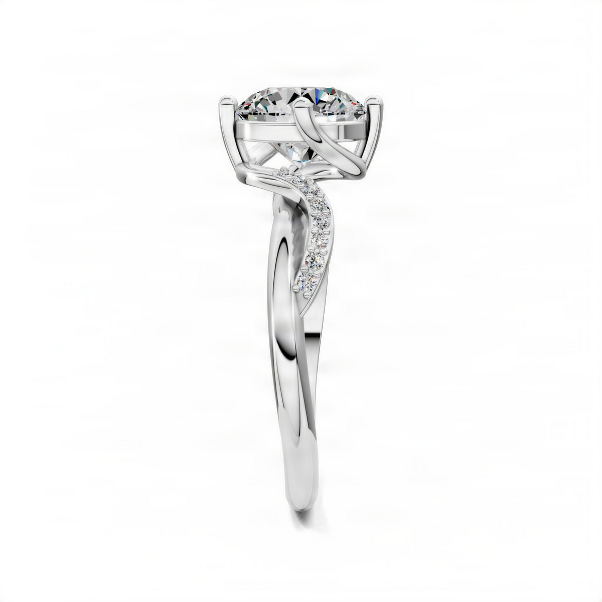 Round twisted pavé engagement ring, side view in white metal