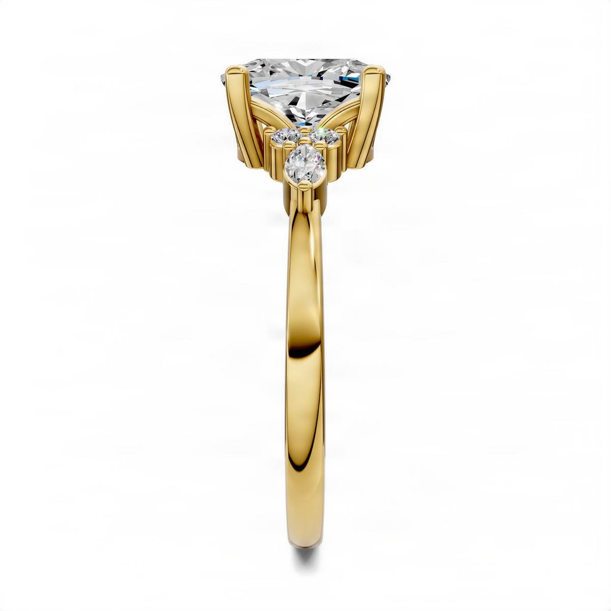 Yellow gold cushion diamond cluster ring with small halo and side accent diamonds