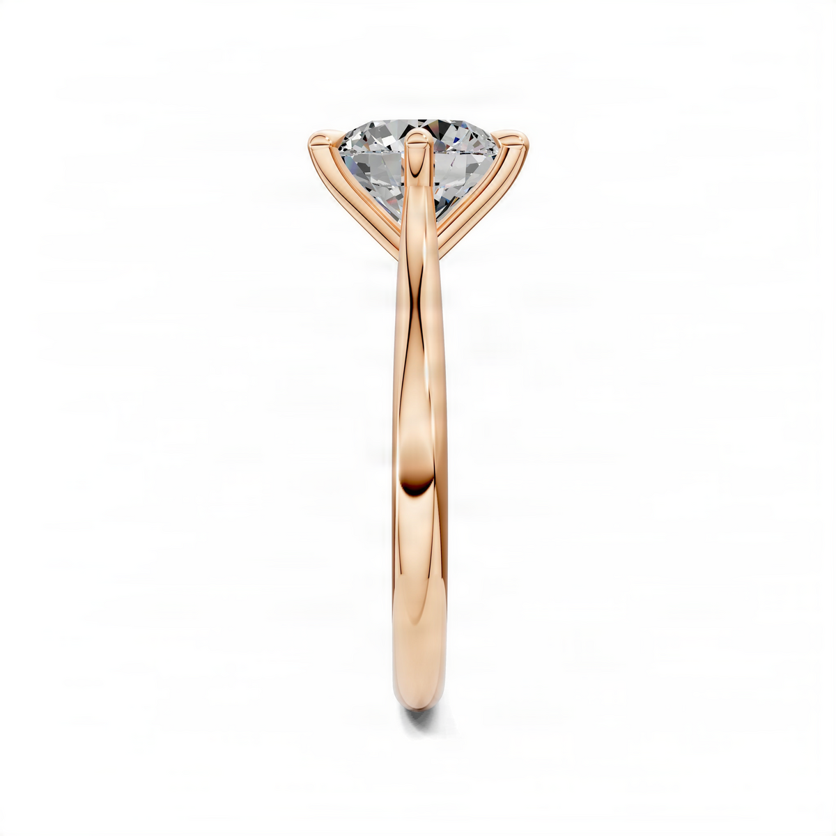 Rose gold six-prong solitaire ring with round center diamond, side profile