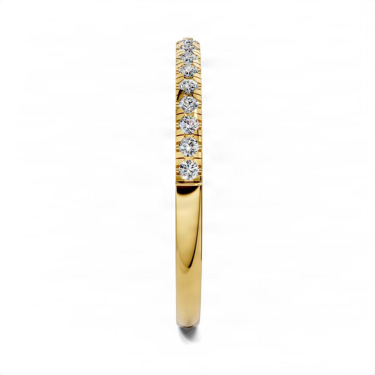 Yellow gold open scalloped diamond ring, side view with small round diamonds