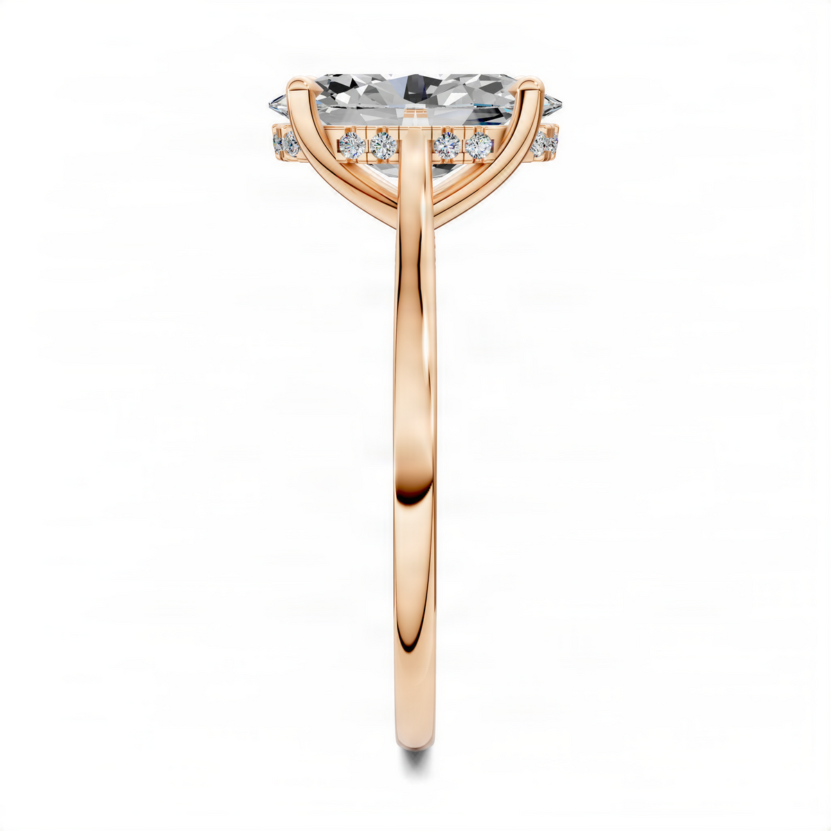 Rose gold oval diamond engagement ring with bridge pave hidden halo
