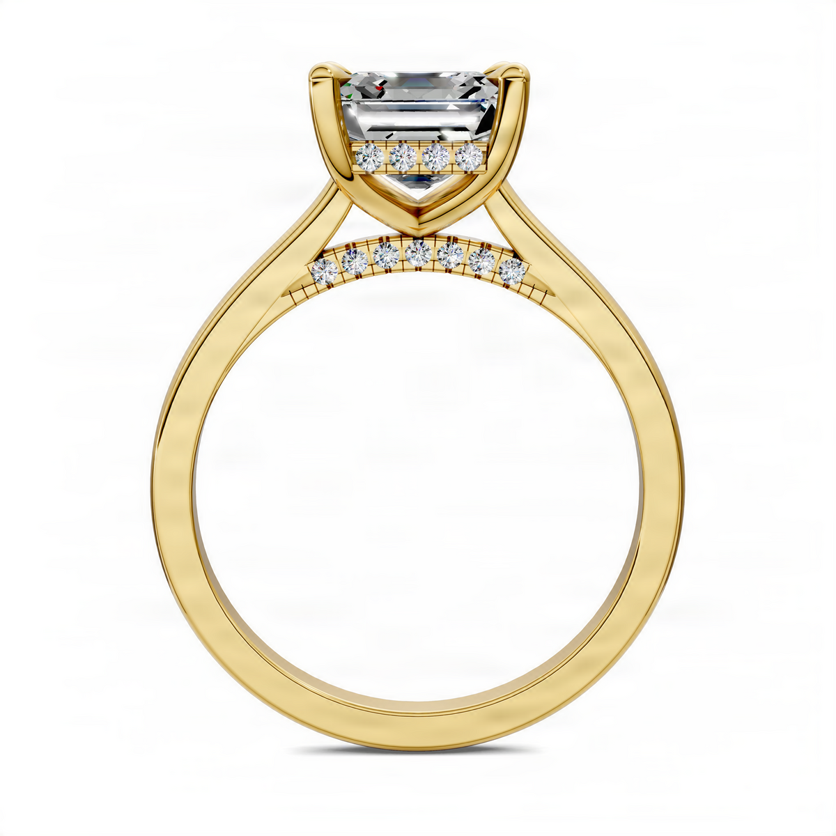 Hidden halo diamond ring with pave band, yellow gold setting
