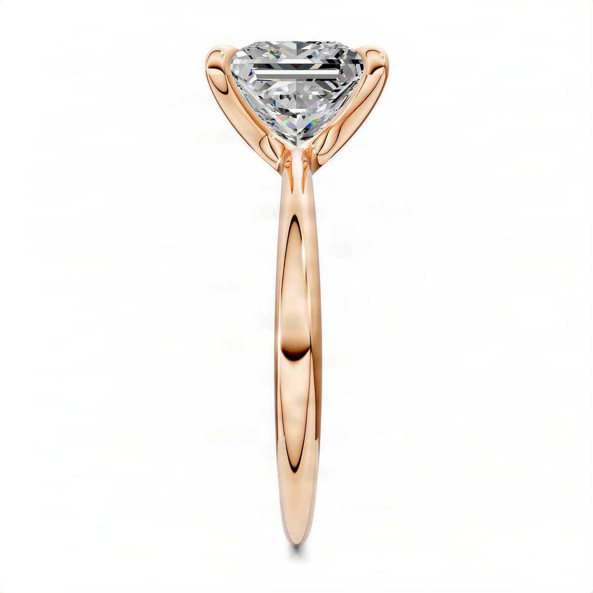 Princess solitaire ring with clear center stone, rose gold band with three side-set prongs.