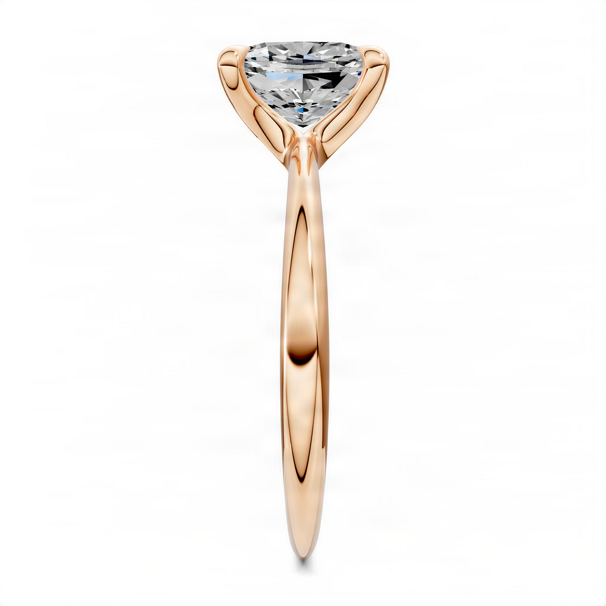 Rose gold cushion solitaire ring with vine prongs and slim taper shank