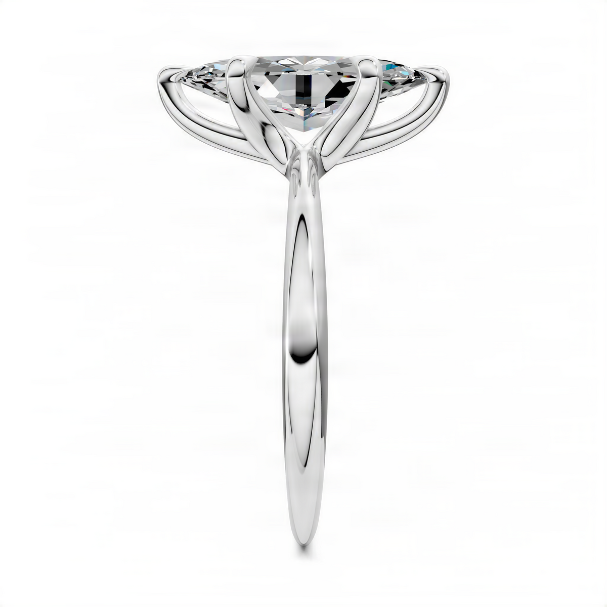 Marquise solitaire ring with prong-set marquise stone, polished silver-tone band and halo-style top