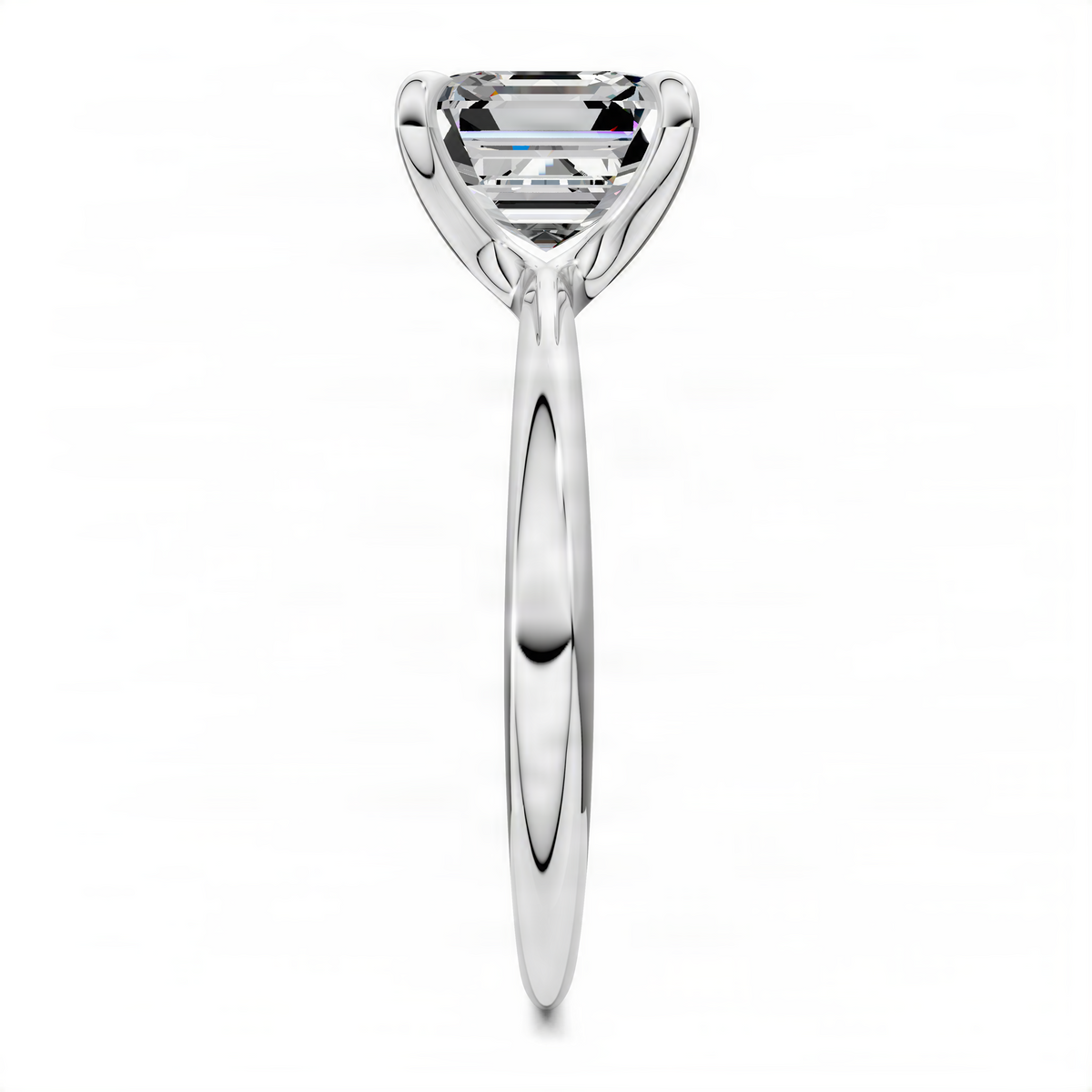 Asscher-cut diamond solitaire ring, slim tapered band and four-prong head