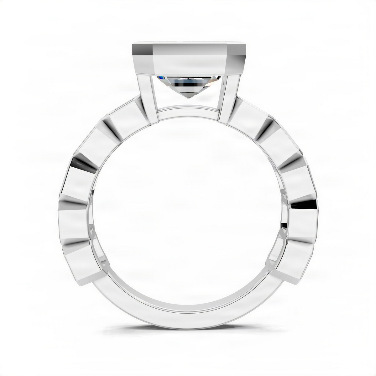 White gold band with faceted rectangular prongs around an open center