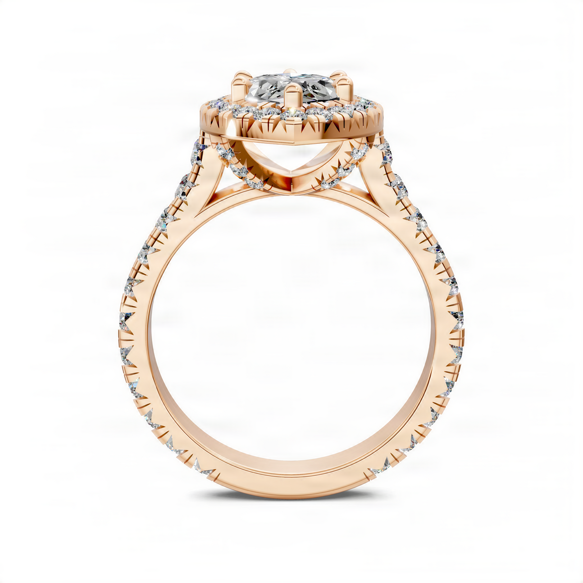 Opes Halo cathedral ring in rose gold with pavé shoulders and raised round setting