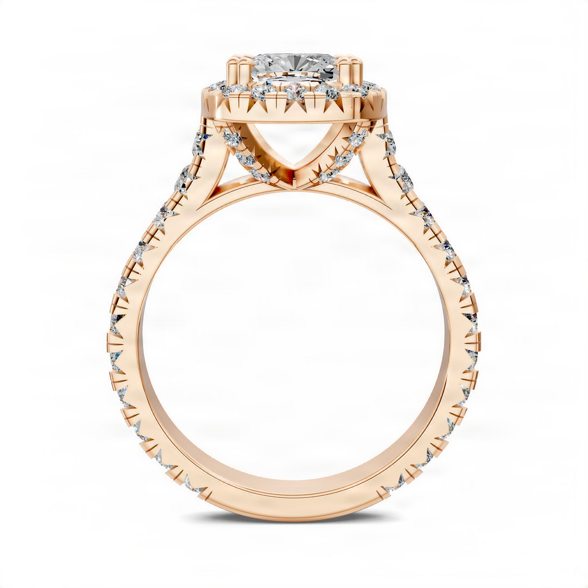 Yellow gold halo cathedral ring with round center stone and pavé band