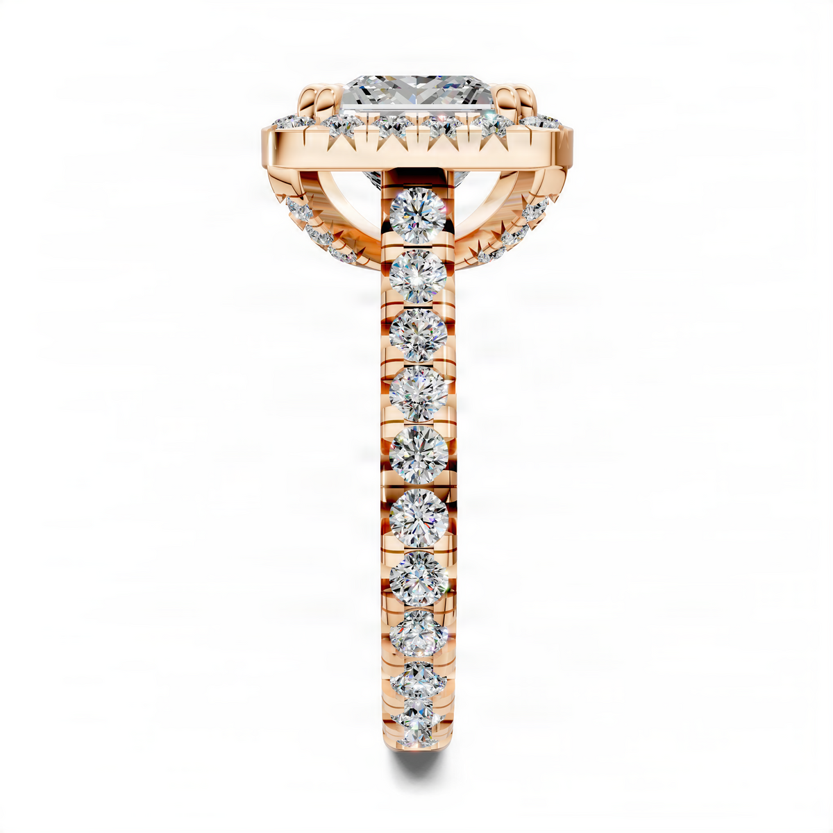 Halo cathedral ring in rose gold with round center stone and pavé diamond band